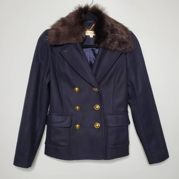 TORY BURCH • Navy Blue Alexandre Removable Fur Trim Pea Coat Sz 4 - Picture 3 of 11